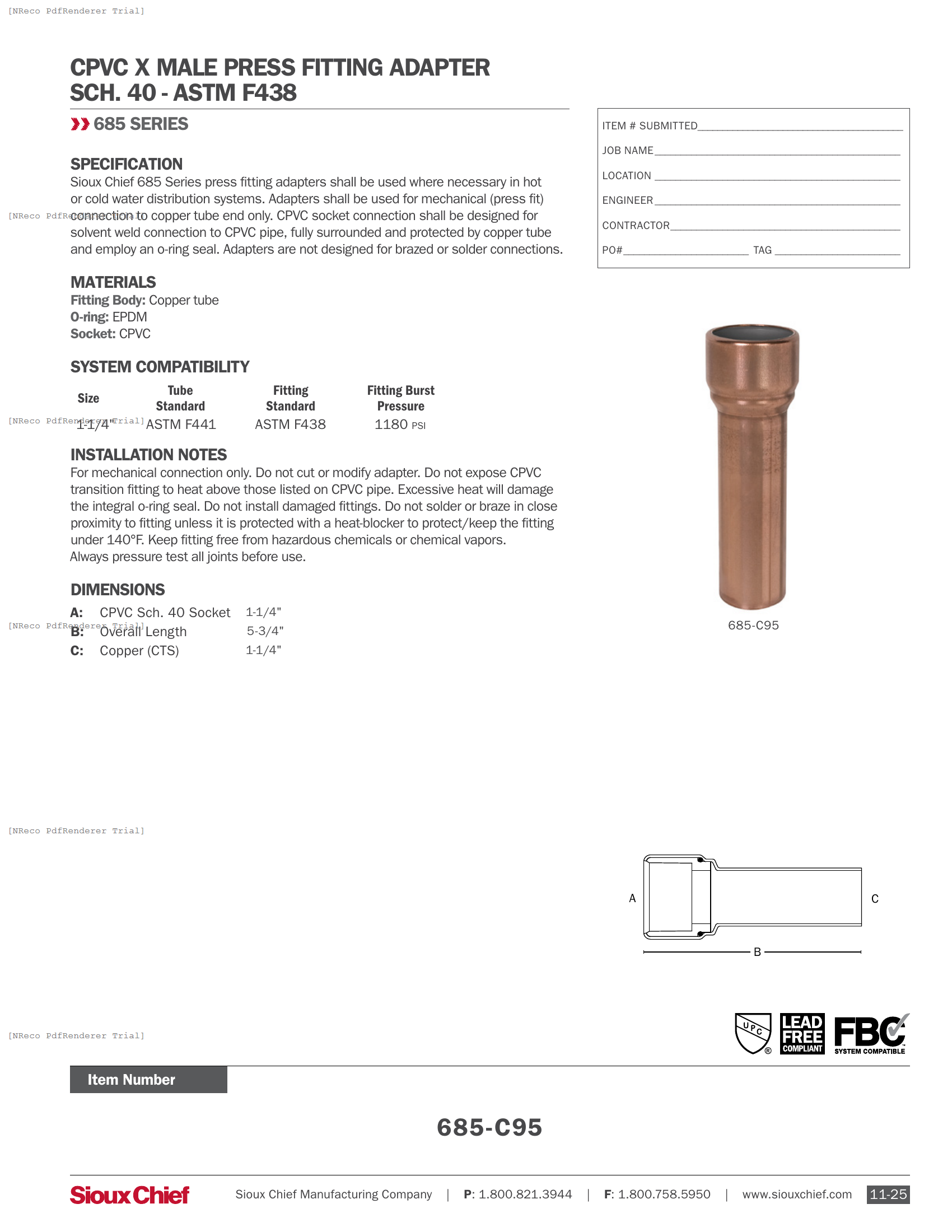 685 SERIES - CPVC F438 MALE PRESS ADAPTER - SPEC SHEET.PDF Specification Document